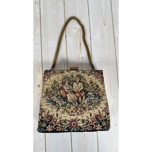 Vintage 1950s Tapestry Handbag Pastoral Scene Kiss Lock Purse Gold Chain